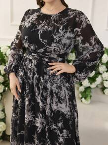 Modelyn Plus Size Women's Fashionable & Elegant Printed Waist-Cinched Flared Dress Fall Cloth For Women - Black - View 6