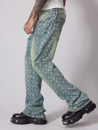 Grunge Punk Men's Layered Flare Leg Printed Jeans, Vintage Streetwear Style