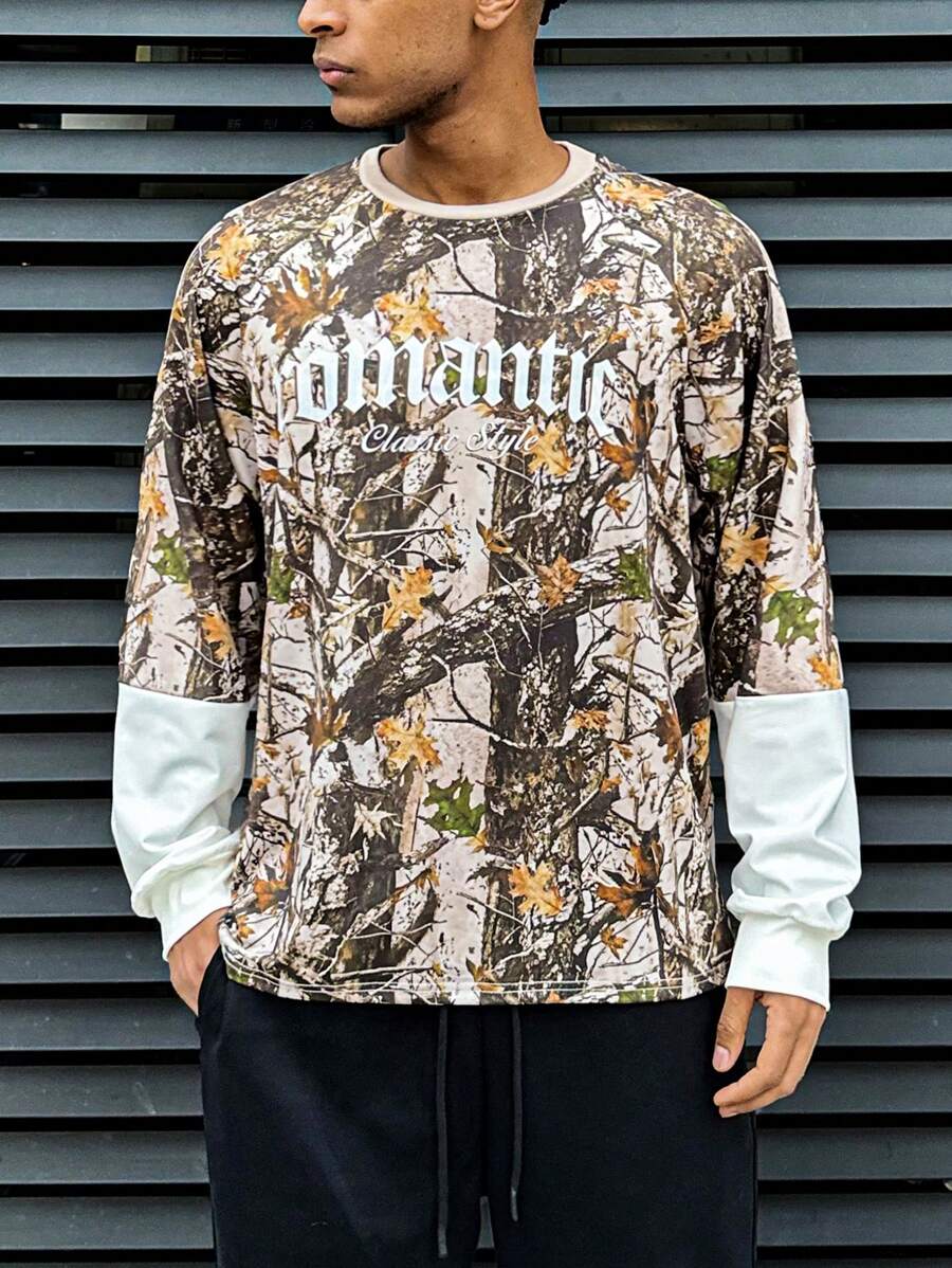 INAWLY Men's Personalized Stylish Camouflage Patchwork T-Shirt, Spring/Autumn - Multicolor - View 1