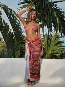 SHEIN Swim Summer Vacation Beach Style Geometric Print Viral Halter Neck Bikini 3-Piece Set - Multicolor - View 5