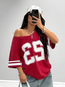 Coolane Camiseta roja para mujer con hombros descubiertos, estampado digital y bloques de color a rayas, de uso diario y para ocasiones, estilo vintage, para el Año Nuevo