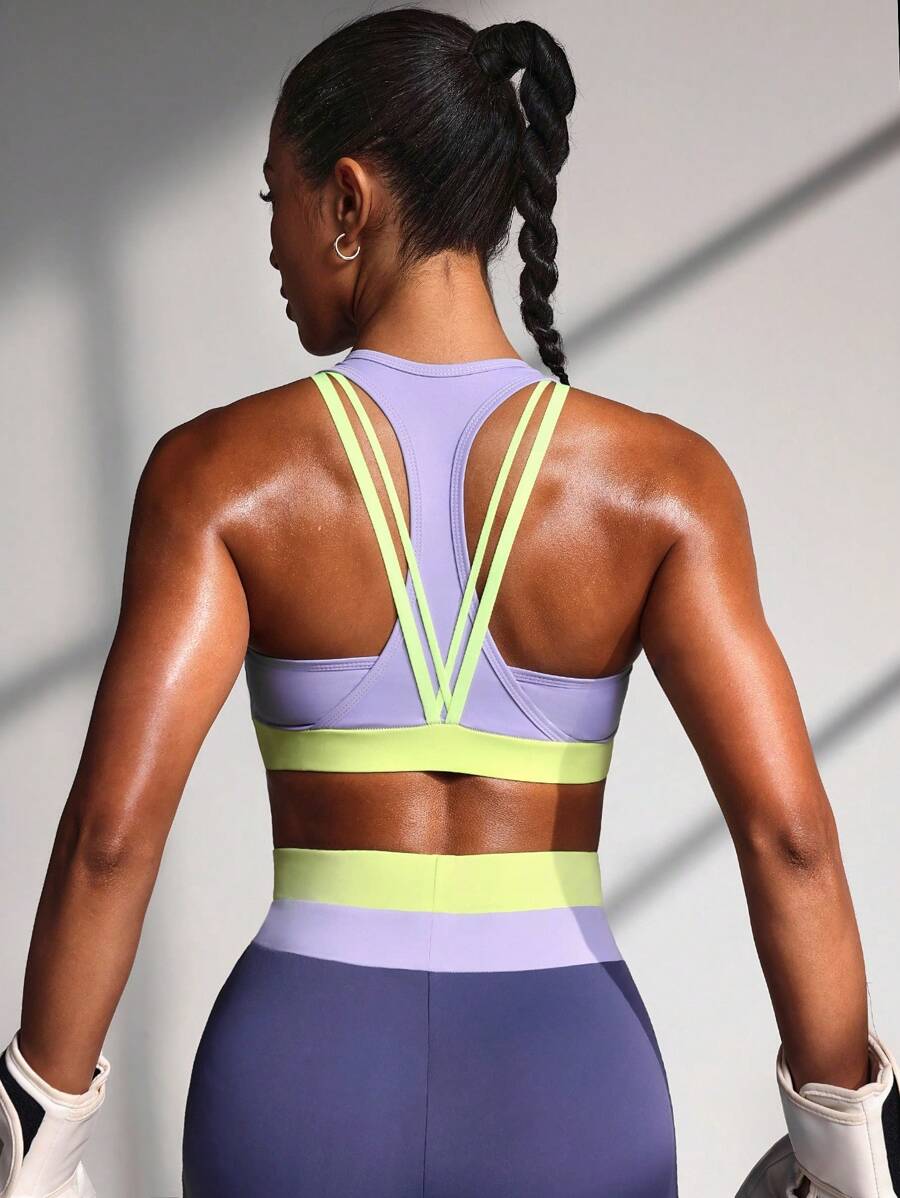 Powerista 女士拼色露背运动文胸 - 紫色 - 查看 1