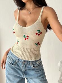 Lunelith SHEIN Lunessa Top sin mangas de punto en color albaricoque con bordado de cerezas hueco y cuello en V, de estilo minimalista y elegante, para verano