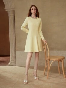 MOTF PREMIUM RHINESTONE DETAIL BOW DECOR DRESS - Yellow - View 1