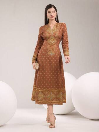 Divindia Women's Elegant Vintage Print Kurta Dress