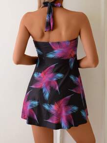 SHEIN Set da 2 pezzi per vacanze al mare, top con scollo ad aletta e slip da bagno con coulisse e stampa casuale di piante tropicali, slip da bagno con taglio alto, set bikini da vacanza, per l estate