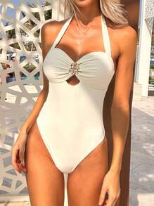 女士纯色金属花朵装饰系带连体优雅泳衣，夏季沙滩装