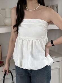 DAZY 女式纯色修身无袖抹胸衬衫（白色）、节日花朵度假海滩、春夏季、荷叶边娃娃上衣外出上衣 - 白色 - 查看 9