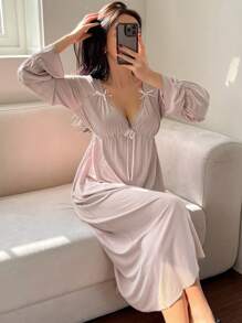 DAZY Bowknot Decor Cinched Waist Ruffle Hem Sleepwear Dress, Fall Pajama, Winter - Mauve Purple - View 5