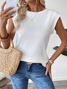 EMERY ROSE 女士纯色圆领盖袖罗纹休闲 T 恤 - 白色 - 查看 5