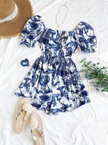 Soleia 女士度假休闲全印花泡泡袖连体衣海滩度假服装女士春夏服装西部音乐节波西米亚假日波西米亚风 - 彩色 - 查看 3