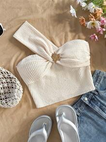 Soleia 女士纯色斜肩无袖修身休闲度假衬衫 - 白色 - 查看 1