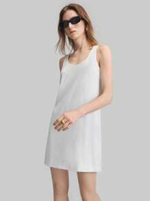 Ontre Women Solid Color Ribbed Mini Dress With Open Back Design, Simple & Elegant Urban Style, Sleeveless Short Dress, White, Spring/Summer - White - View 4