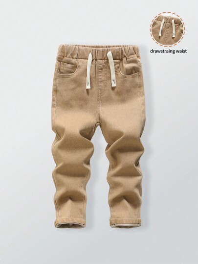 SHEIN Explorewe Young Boy Elastic Waistband Drawstring All-Match Minimalist Versatile Comfortable Stretch Slim Fit Light Gray Jeans