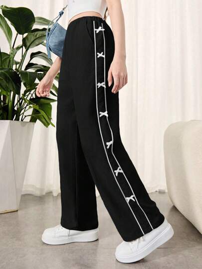 SHEIN Teen Girls Woven Solid Color Patchwork Drawstring Side Butterfly Decoration Slant Pockets Casual Pants