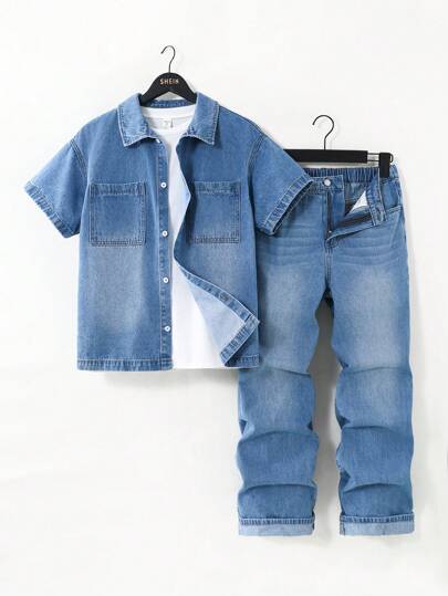 SHEIN 2-teiliges Set für Teenager-Jungen, modisch-lässig, cooles blaues Denim, Basic, einfach, Hemd mit Kragen und kurzen Ärmeln, lockere, bequeme Basic Jeans für Teenager-Jungen Kleidung, Kostüm für Alltag und Sommer-/Frühjahrsmode für Teenager-Jungen