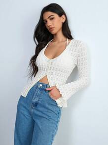 SHEIN Unity Camiseta de mujer de textura con escote en V, mangas con volantes y detalle de ojal falso, estilo vacacional - Beis - Ver 4