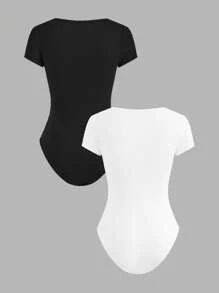 SHEIN EZwear 2pcs/Set Plus Size Black & White Short Sleeve Bodysuit