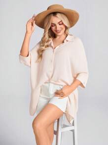 SHEIN LUNE Casual Summer Loose Open Front Mid-Sleeve Apricot Color American Country Style Linen Blend Blouse - Apricot - View 2
