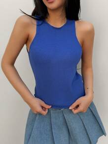 INAWLY Simple Round Neck Sleeveless Knit Top, Casual Daily Wear - Blue - View 5