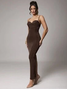 Silquee Women's Elegant Summer Maxi Dress,Dark Brown Stretchy Knit Spaghetti Strap Ruched Night Out Party Dress,Formal Wedding Cocktail Gala Gown - Coffee Brown - View 4