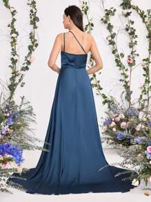 Coutiva Váy phù dâu một bên vai màu trơn thanh lịch (người lớn), trang phục lễ hội - Màu xanh lam - Xem 2