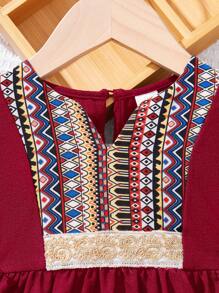 SHEIN Baby Girl Cute Retro Burgundy Long Sleeve Top & Elastic Waist Pants 2pcs Set, Spring/Summer