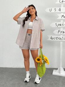 SHEIN EZwear 2pcs Woven Khaki & White Striped Women's Casual Shirt And Shorts Set