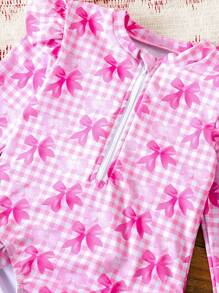 SHEIN Young Girls Sweet Bow Printed Ruffled One-Piece Swimsuit, Pink Striped, Perfect For Summer Beach Vacations - Multicolor - View 4