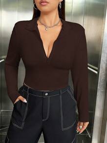 SHEIN EZwear Plus Size Women Solid Color Turndown Collar Long Sleeve Casual T-Shirt