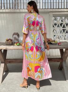 SHEIN VCAY Women's  Summer  Boho Dress Holidaya Graphic & Striped Frill Pearls Split Hem Batwing Sleeve Dress Summer Vacation Beach Vacation  Easter Dress Women  Dress Concert Outfit Women  Dress  Going Out  Dress  Sun Dress