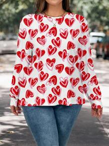 SHEIN LUNE Plus Size Women's Casual All Over Printed Pattern Loose Fit Round Neck Long Sleeve T-Shirt, Suitable For Valentine's Day