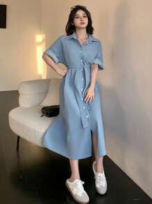 DAZY 女式短袖单排扣口袋休闲牛仔连衣裙 - 藍色 - 查看 5