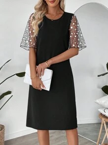 EMERY ROSE Women's Patchwork Pentagram Mesh Short Sleeve Straight Midi Dress Summer Dresses For Women - Black - View 4