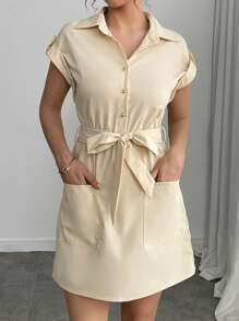 Chiquease Women's Solid Color Short Sleeve Single-Breasted Pocket Casual Shirt Dress