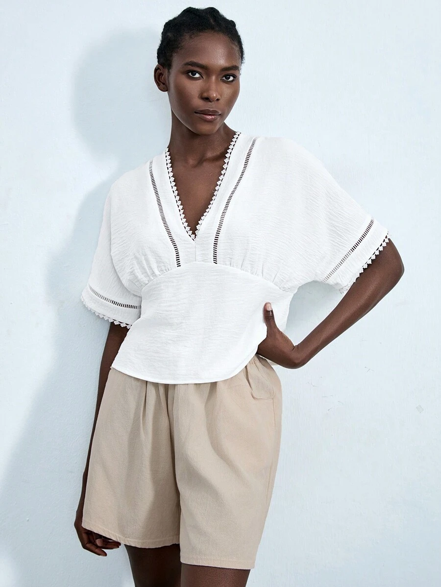 Lumivelle Women's Solid Color Contrast Lace Batwing Short Sleeve Casual Shirt