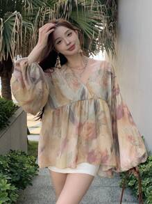 DAZY 女士印花宽松圆领长袖休闲夏季衬衫，荷叶边度假装 - 粉色 - 查看 3