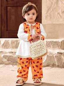 SHEIN 3pcs/Set Girls Floral Print Short Cardigan, Top & Pants Summer Outfit - Orange - View 5