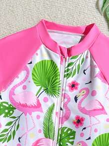 SHEIN Tween Girl 火烈鸟印花插肩长袖连体泳衣 - 淺粉色 - 查看 4