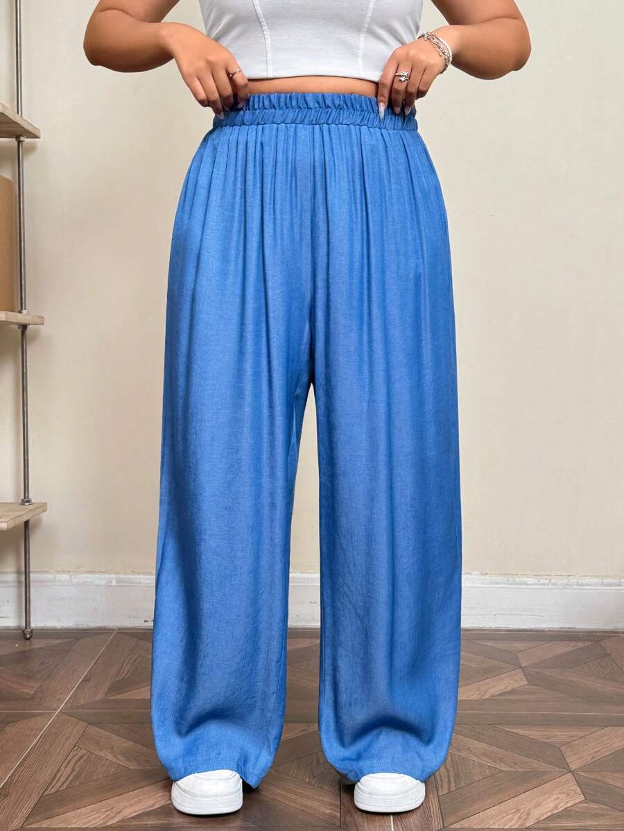 CovetEZ Quần ống rộng màu xanh Ice Silk cỡ lớn, phù hợp cho mùa xuân và mùa hè - Màu xanh lam - Xem 1