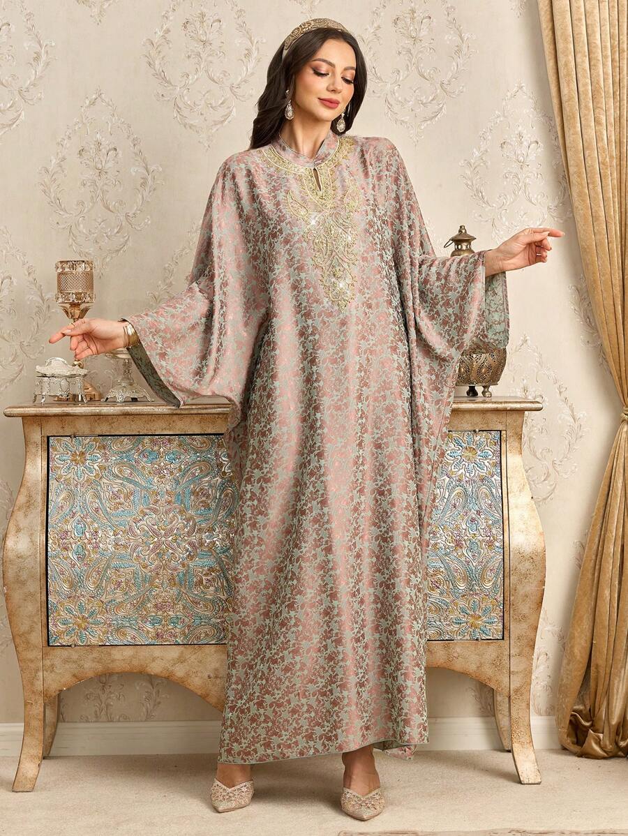 Al Najma Gold Pearl & Rhinestone Embellished Batwing Sleeve Party Robe, Kaftan & Jalabiya - Multicolor - View 1