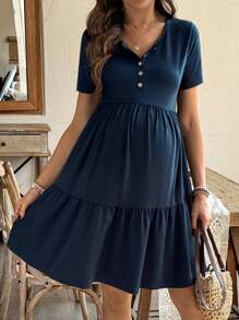 SHEIN Maternity Solid Color Button Front Short Sleeve Casual Dress