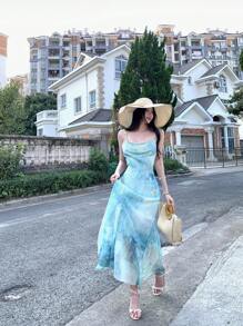 DAZY 女士束腰吊带A字连衣裙，优雅法式沙滩夏季连衣裙，休闲女士复活节游轮装扮 - 綠色 - 查看 6