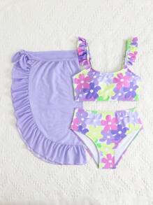 Conjunto de traje de baño para niñas preadolescentes con bikini con estampado floral, bata y minifalda