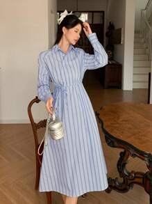 DAZY Striped Loose Asymmetrical Belted Midi Shirtdress For Women Sundress,Casual Women Dresses,Fall Dress,Teacher Outfits Long Sleeve Dress
