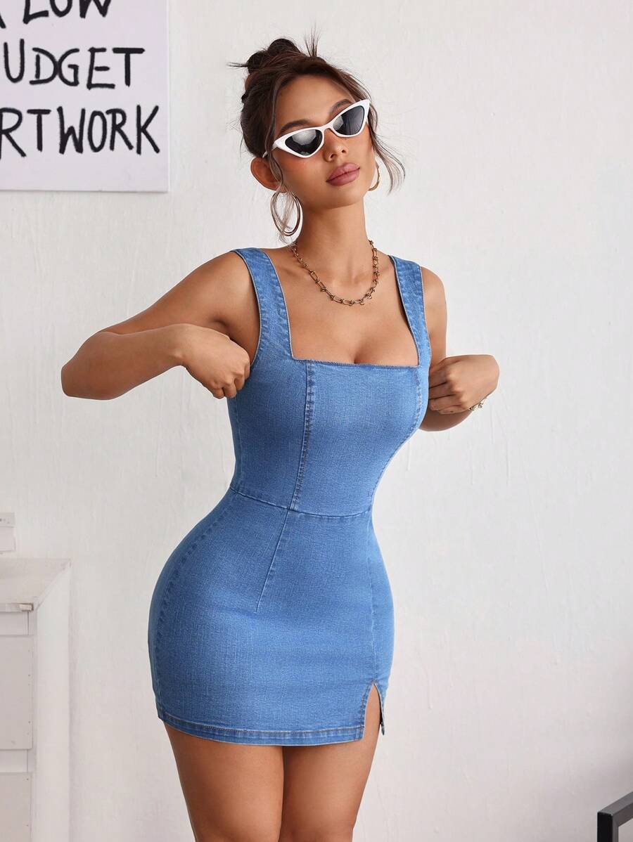 SHEIN PETITE Đầm denim bó sát cổ vuông không tay cho nữ - Màu xanh lam - Xem 1