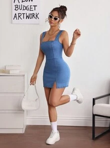 SHEIN PETITE Đầm denim bó sát cổ vuông không tay cho nữ - Màu xanh lam - Xem 5