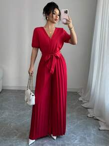 Elenzga New Puff Sleeve Short Sleeve Tied Cinched Waist Long Wide Leg Jumpsuit For Women