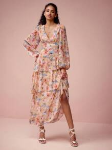 Enchnt Women's Cream Floral Print V-Neck Balloon Sleeves Flowy Long Dresses,Elegant Autumn Wedding Guest Sun Dress For Valentine's Day,Holiday&Garden Party - Orange - View 4
