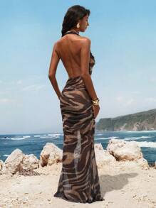 Opulessa 女士时尚性感透视网眼吊带连衣裙，女士度假装，度假，女士沙滩装，海滩，沙滩裙，女士性感连衣裙，性感连衣裙 - 鏽棕色 - 查看 3